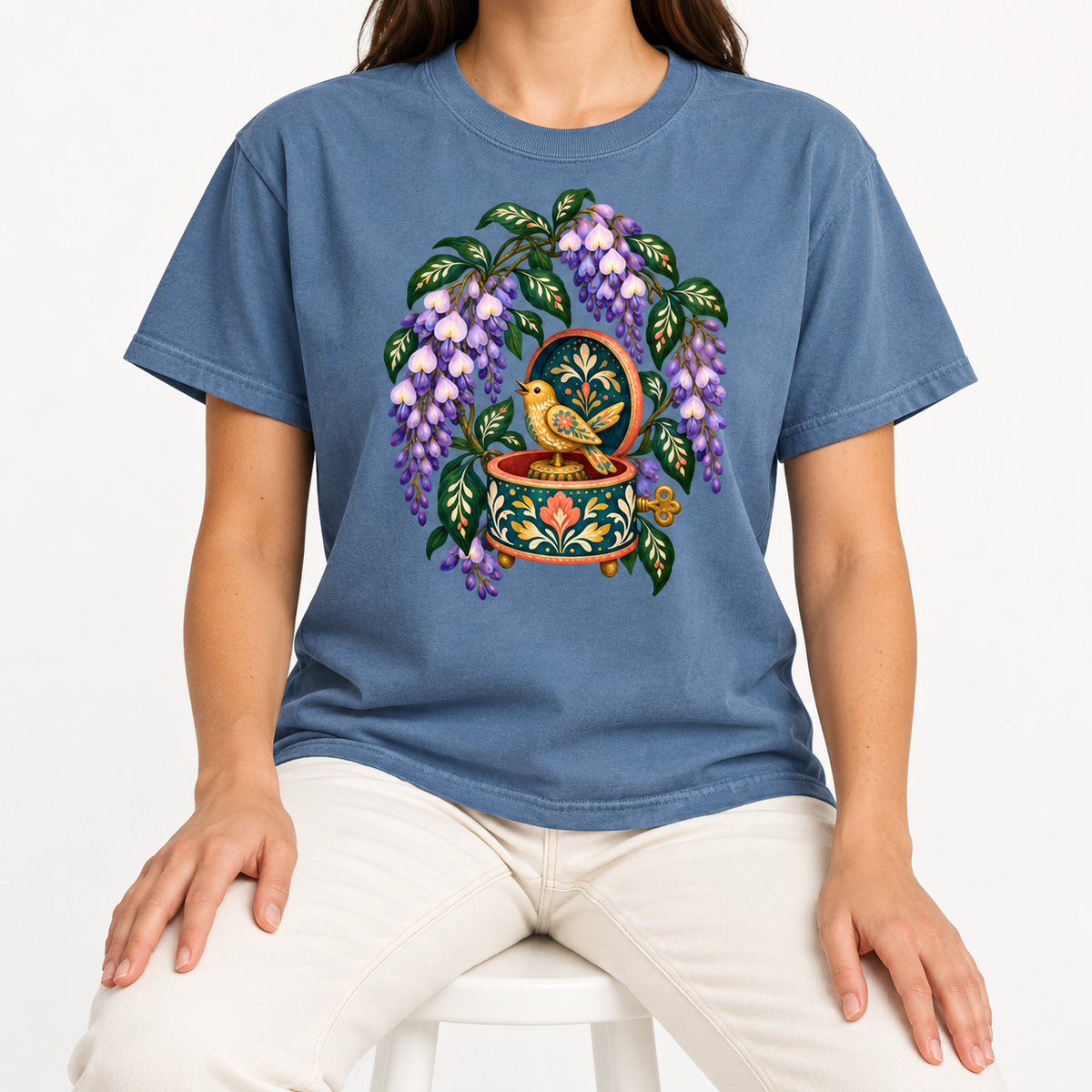 Floral music box t-shirt shown worn, garment-dyed Comfort Colors cotton