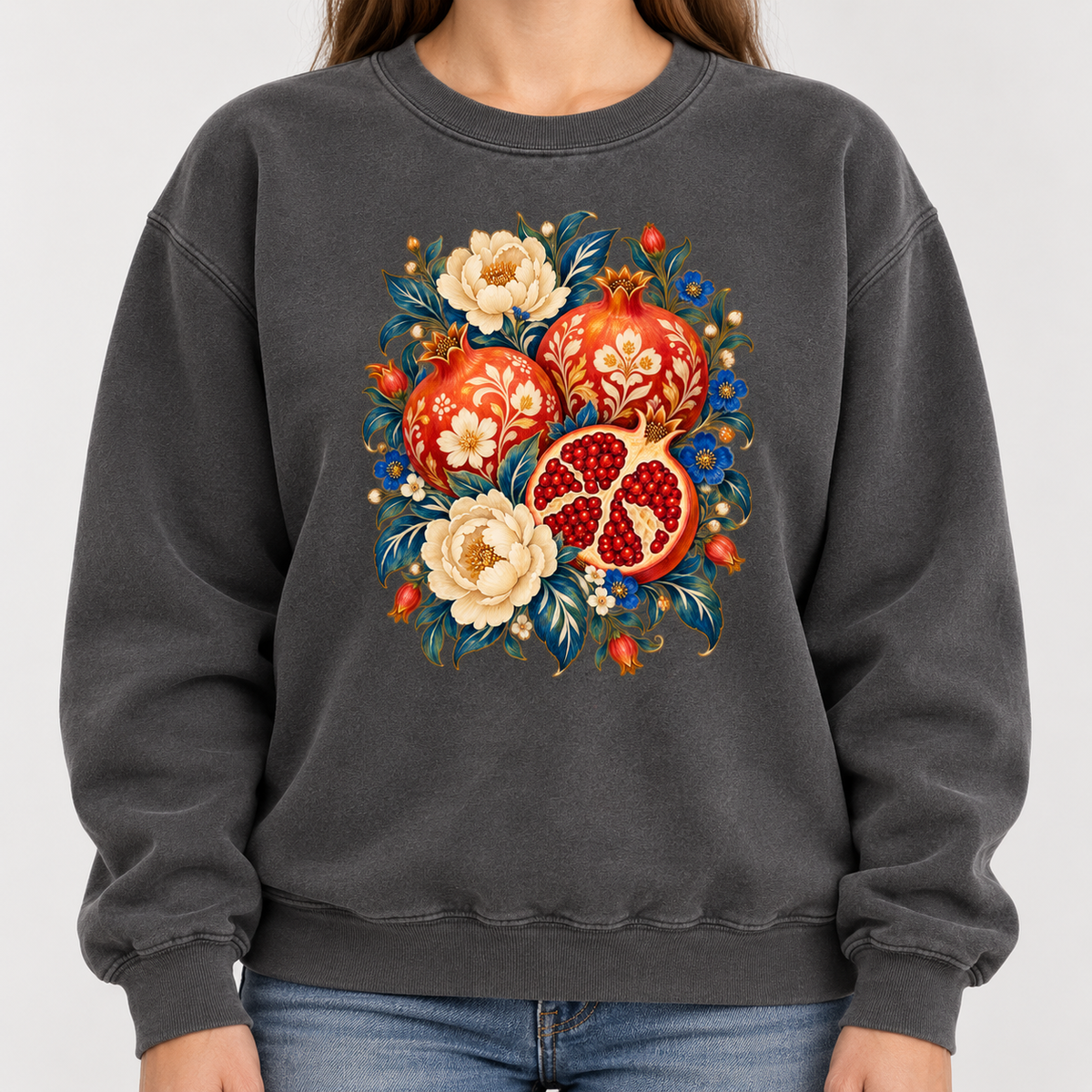 Floral pomegranate sweatshirt shown worn, front view of the printed illustration
