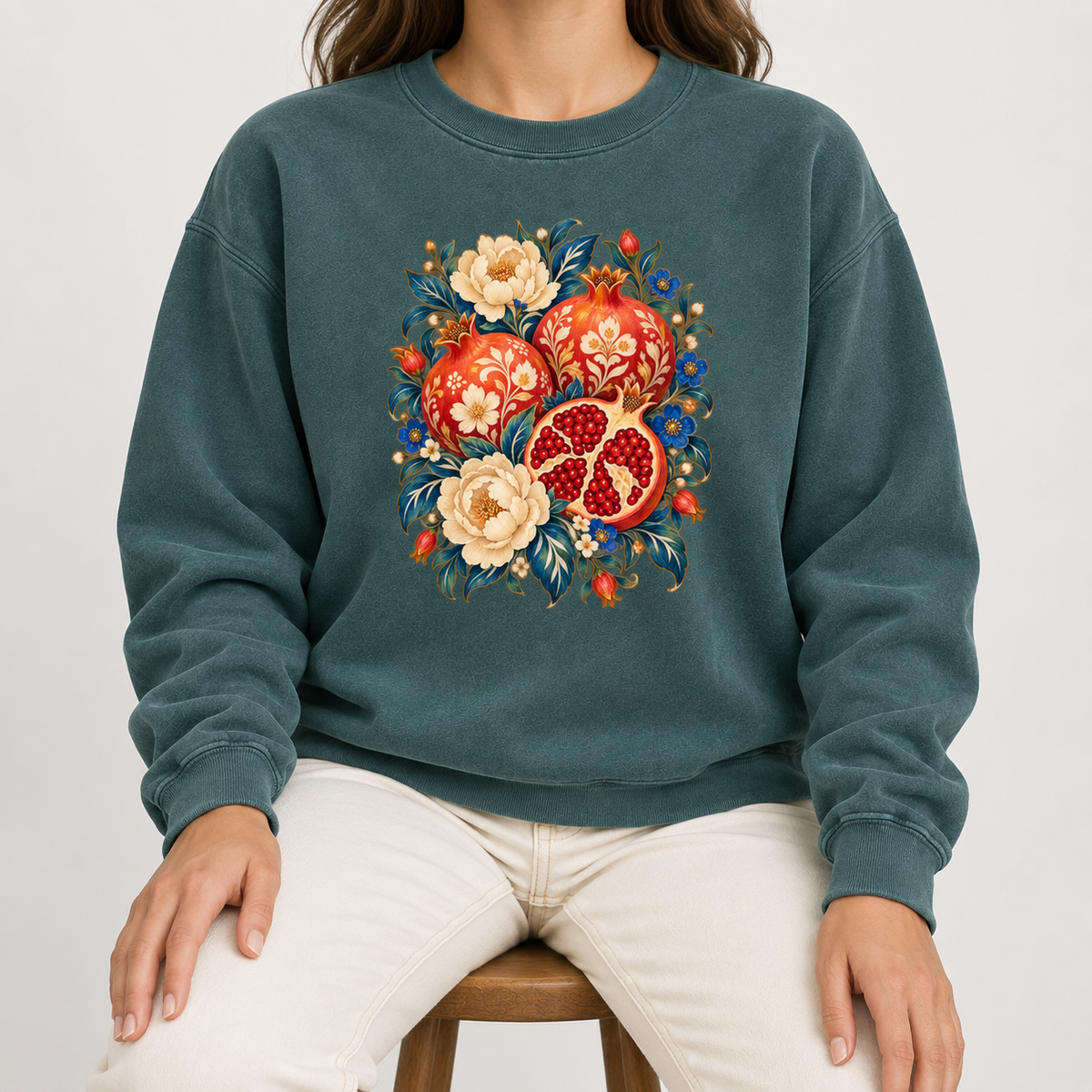 Floral pomegranate sweatshirt shown worn, garment-dyed Comfort Colors fleece