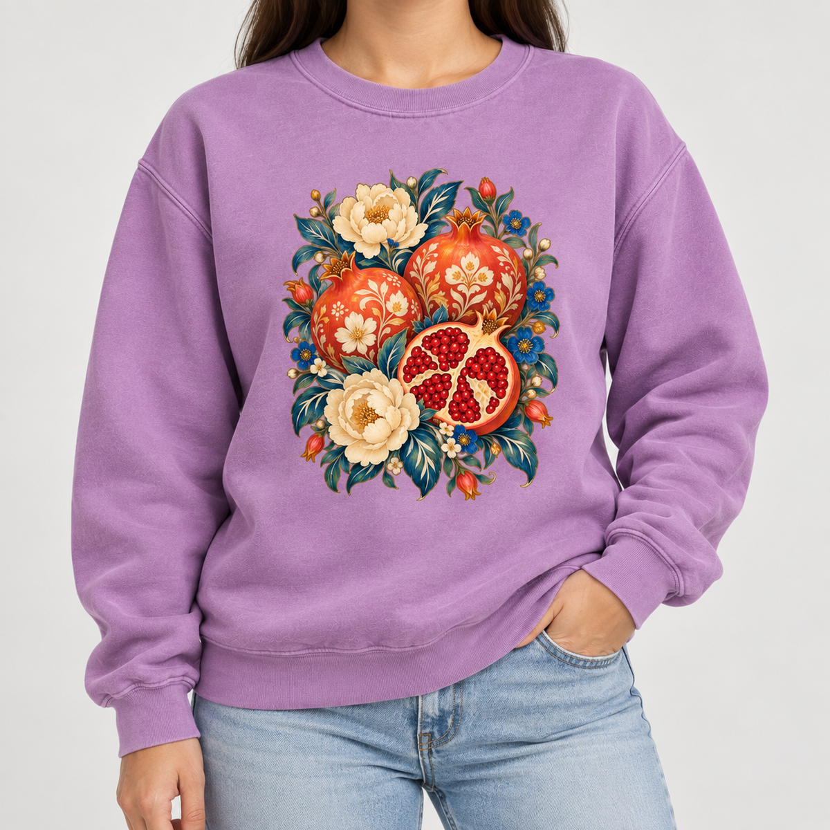 Floral pomegranate sweatshirt shown worn, full length view of the crewneck