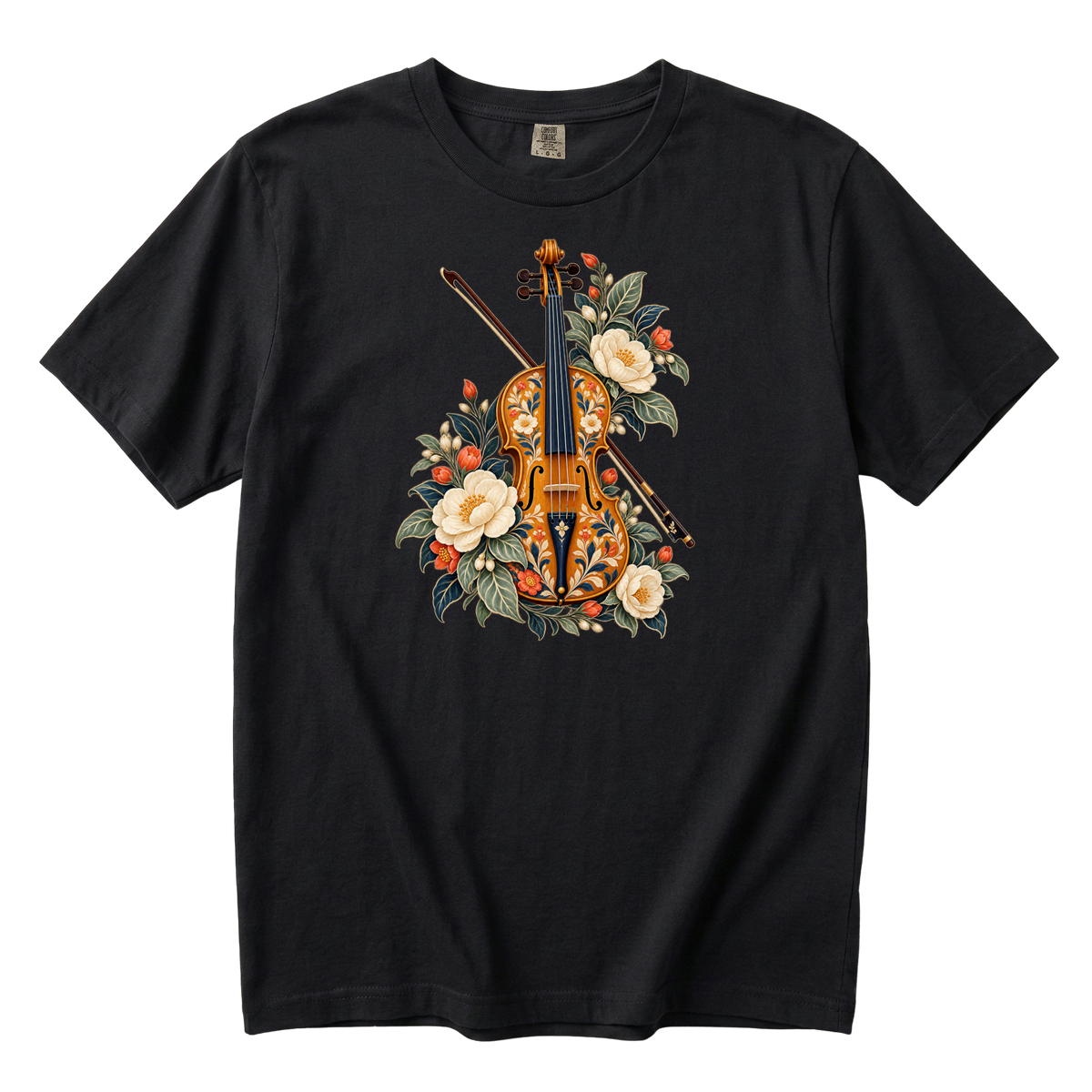Folk-art violin and bow with cream blossoms illustration on a Black Comfort Colors t-shirt
