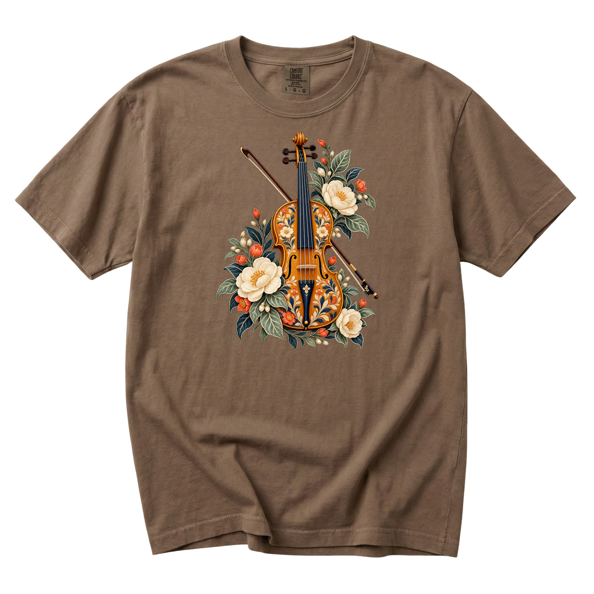 Folk-art violin and bow with cream blossoms illustration on an Espresso brown Comfort Colors t-shirt