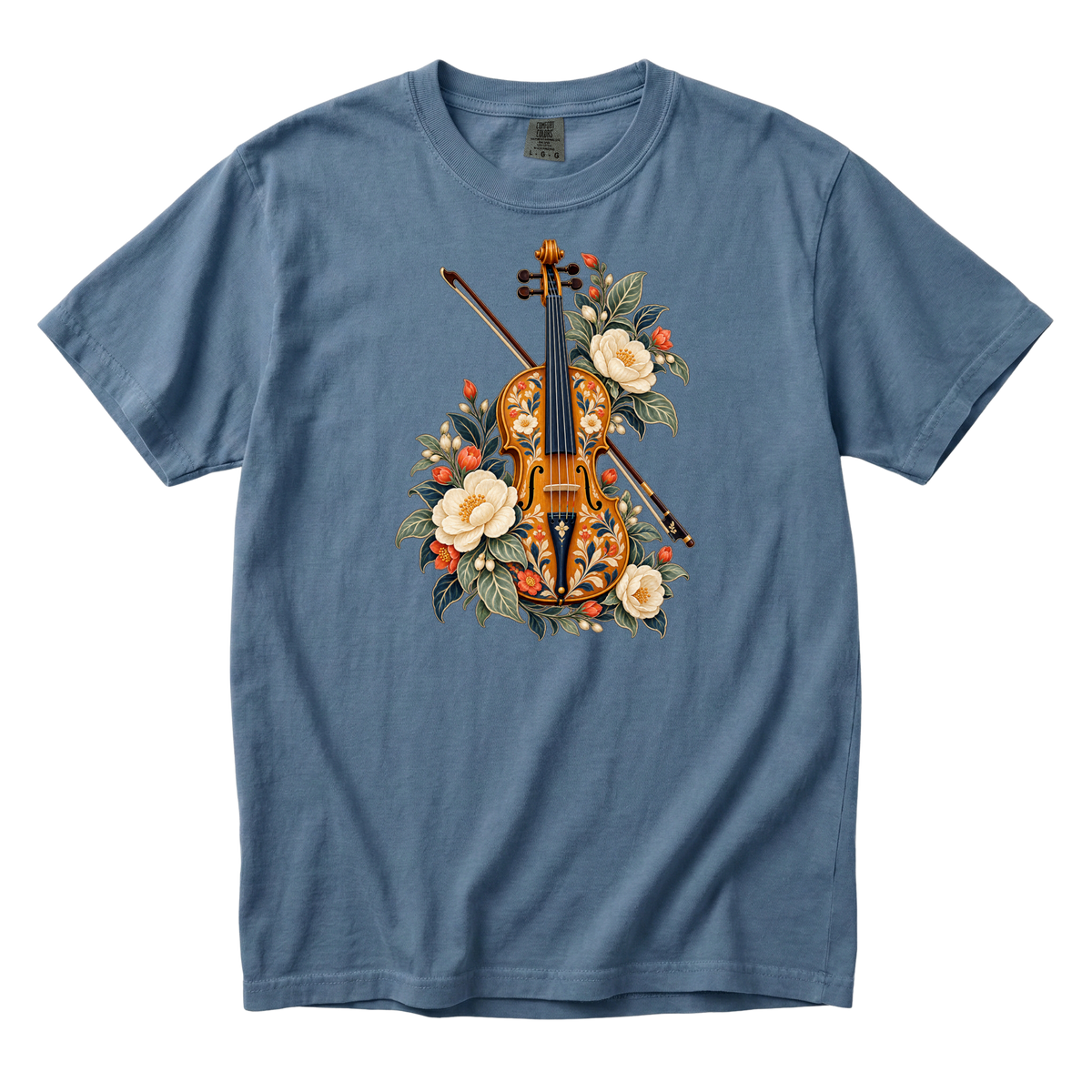 Folk-art violin and bow with cream blossoms illustration on a Blue Jean Comfort Colors t-shirt