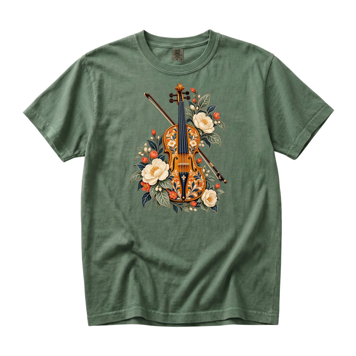 Folk-art violin and bow with cream blossoms illustration on a Moss green Comfort Colors t-shirt