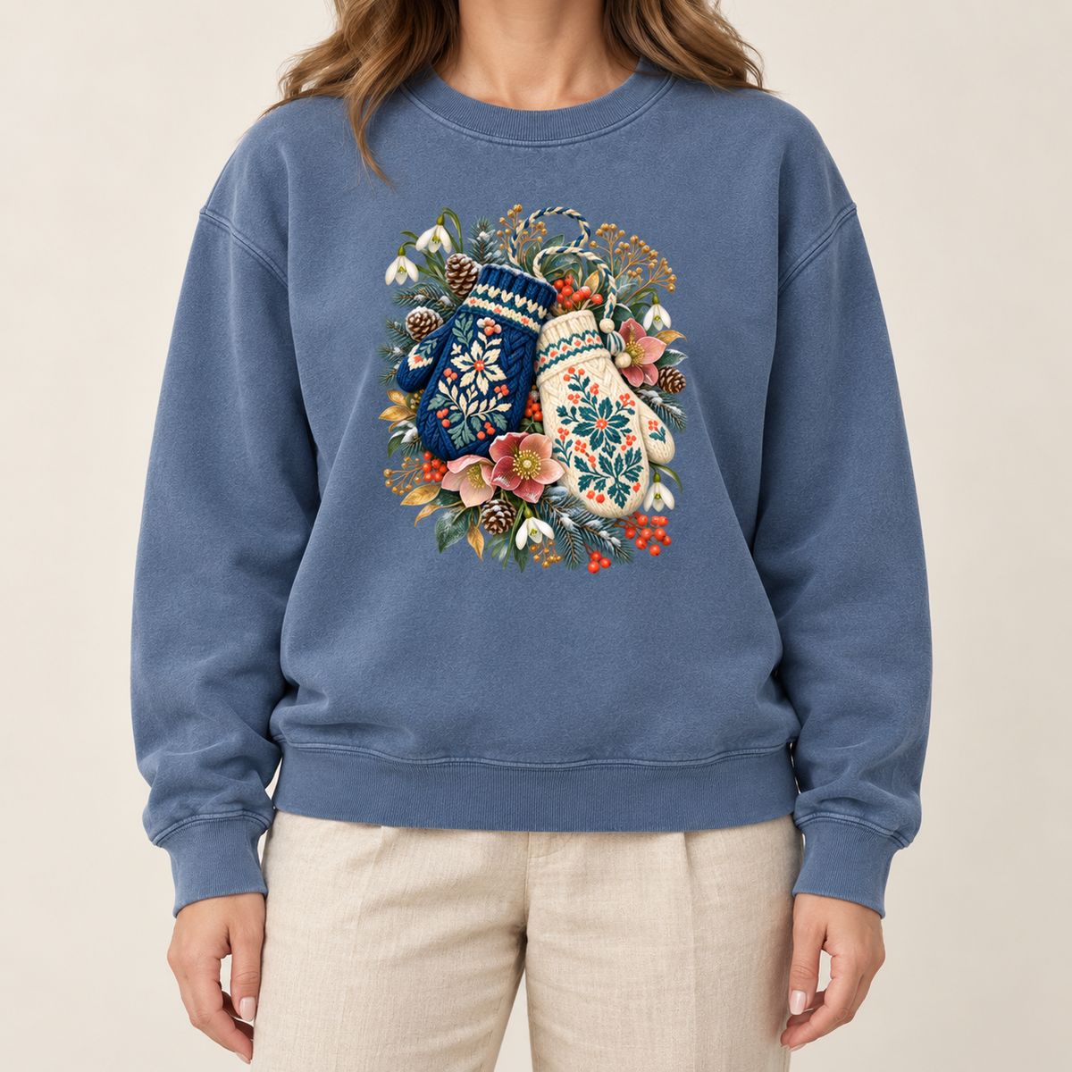 Floral Winter Mittens Sweatshirt - printed navy and cream mitten design on garment-dyed Comfort Colors fleece