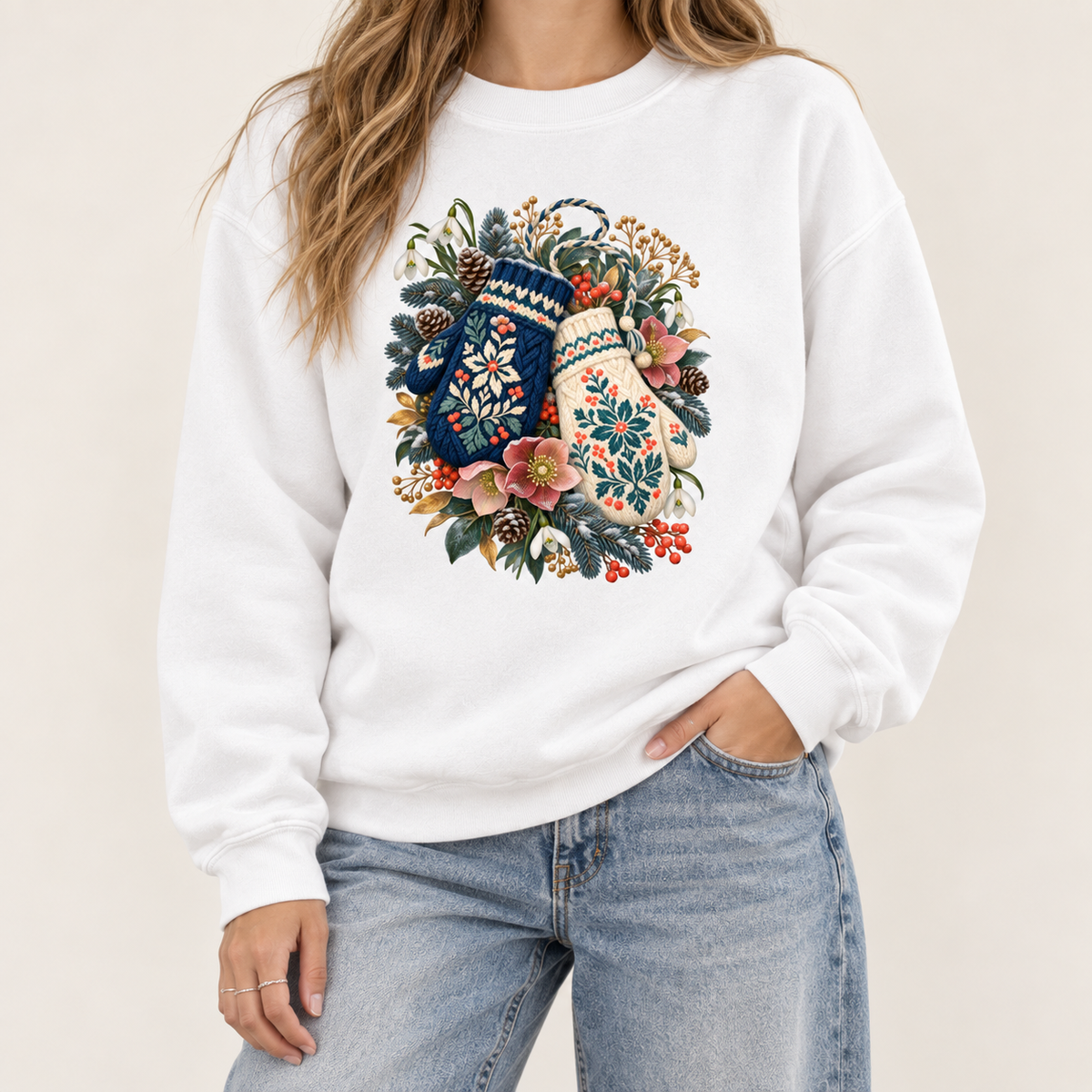 Floral Winter Mittens Sweatshirt - relaxed unisex Comfort Colors 1566 crewneck with a large front print