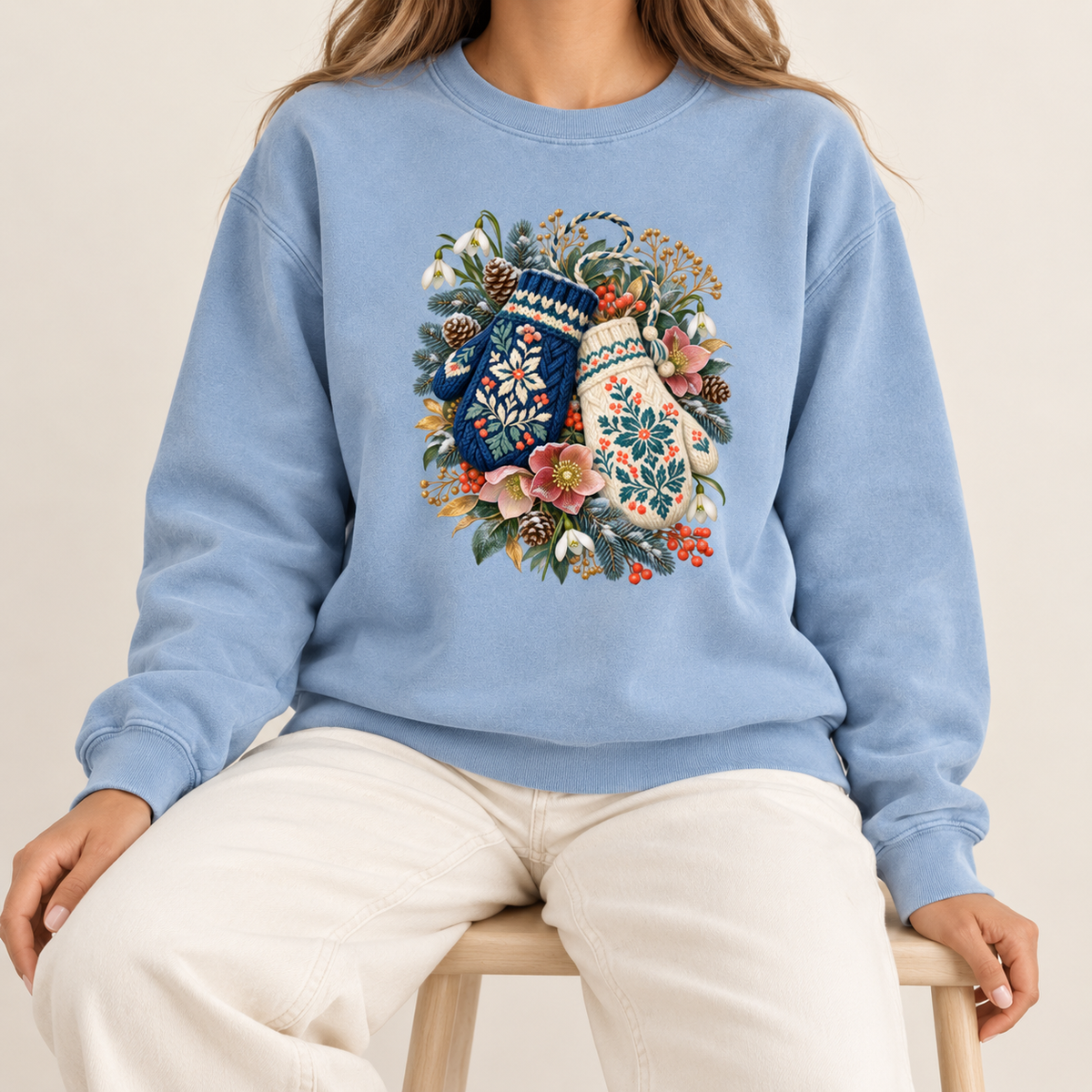 Floral Winter Mittens Sweatshirt - patterned mittens and winter botanicals printed on heavyweight cotton fleece