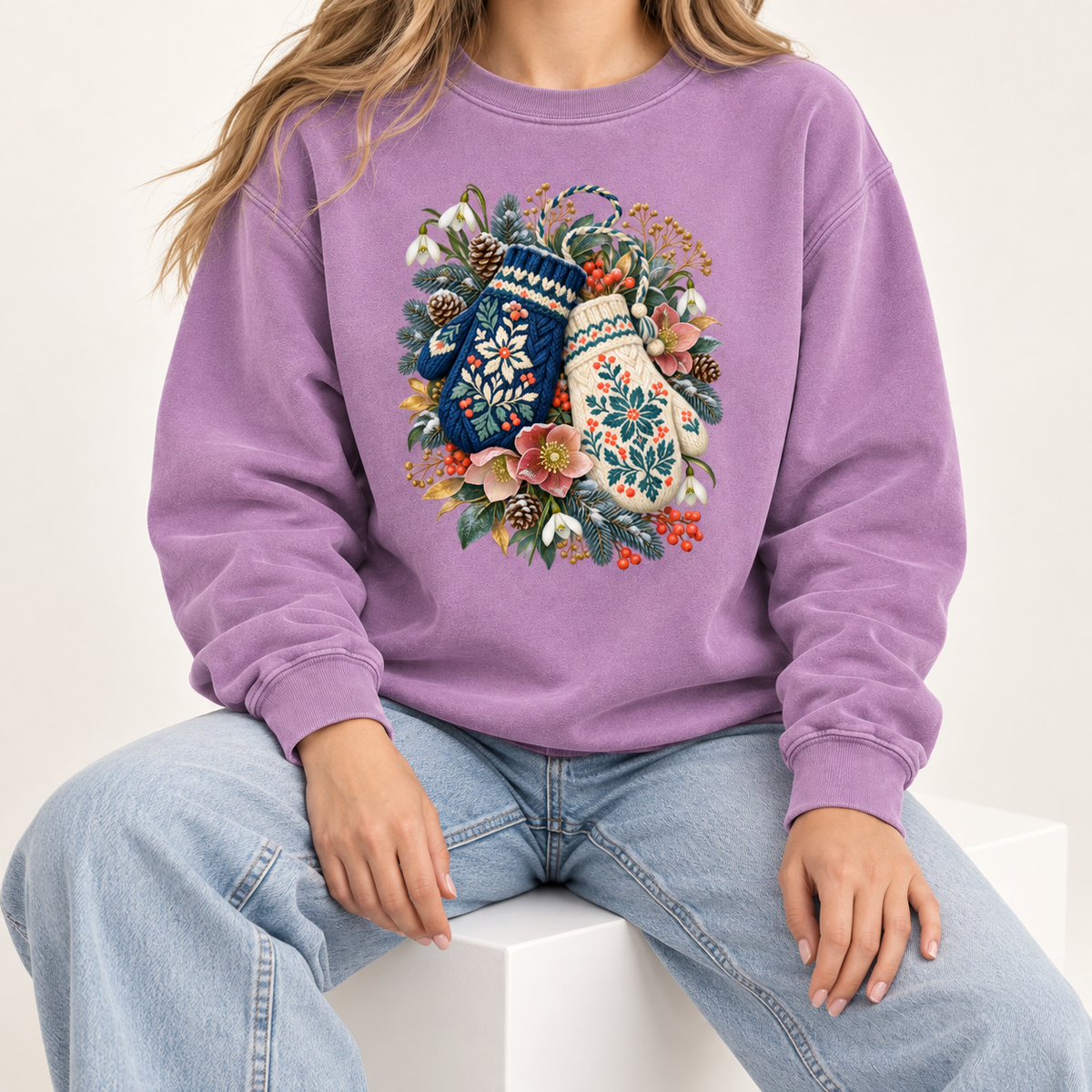Floral Winter Mittens Sweatshirt - the winter mitten and botanical design on a garment-dyed crewneck