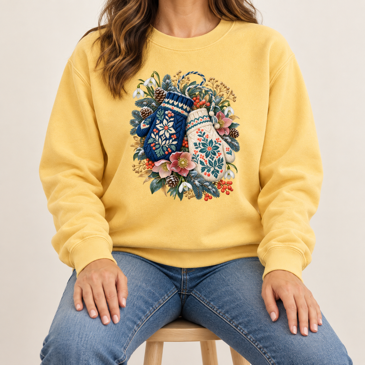 Floral Winter Mittens Sweatshirt - folk-art mitten patterning in teal, coral and gold on a heavyweight crewneck