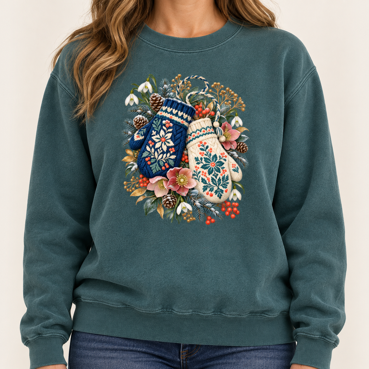 Floral Winter Mittens Sweatshirt - two decorative winter mittens in a botanical bouquet, printed front and center