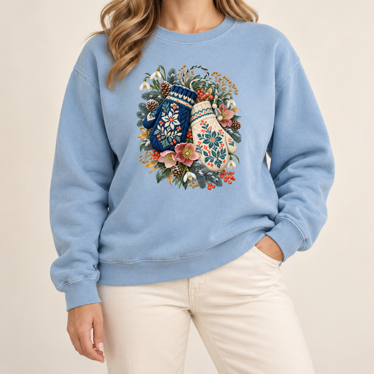 Floral Winter Mittens Sweatshirt - evergreen sprigs, pinecones and red berries in the printed winter arrangement