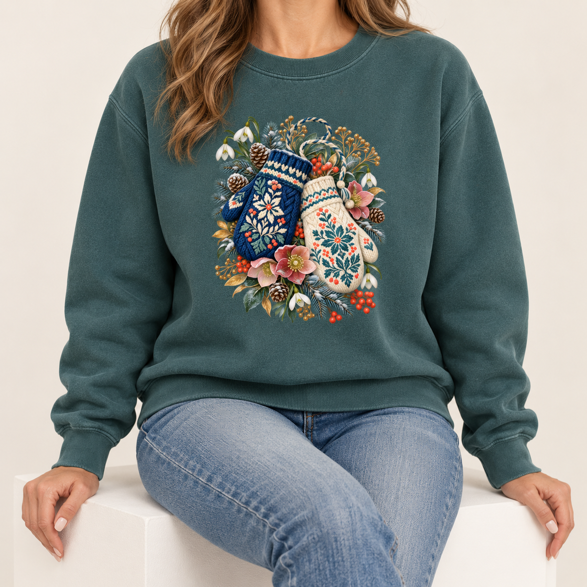Floral Winter Mittens Sweatshirt - dusty pink blossoms and white flowers in the printed bouquet
