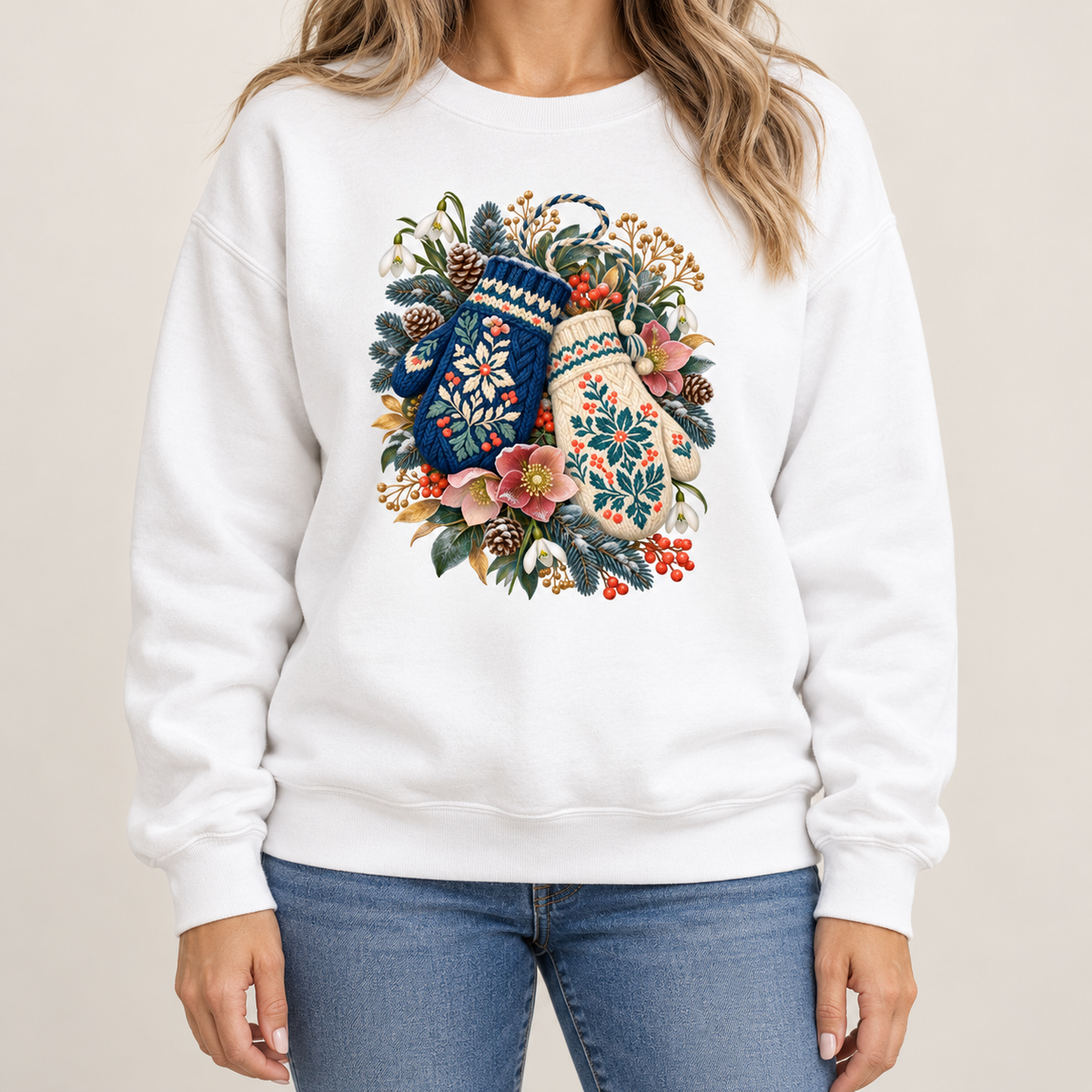 Floral Winter Mittens Sweatshirt - vintage botanical winter illustration on a 9.5 oz garment-dyed crewneck