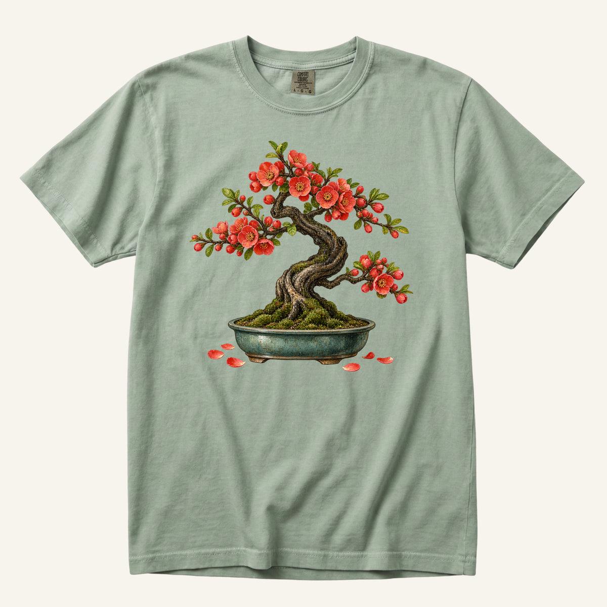 Flowering Bonsai Tree T-Shirt in Bay — the bonsai against a soft sage green for a garden feel