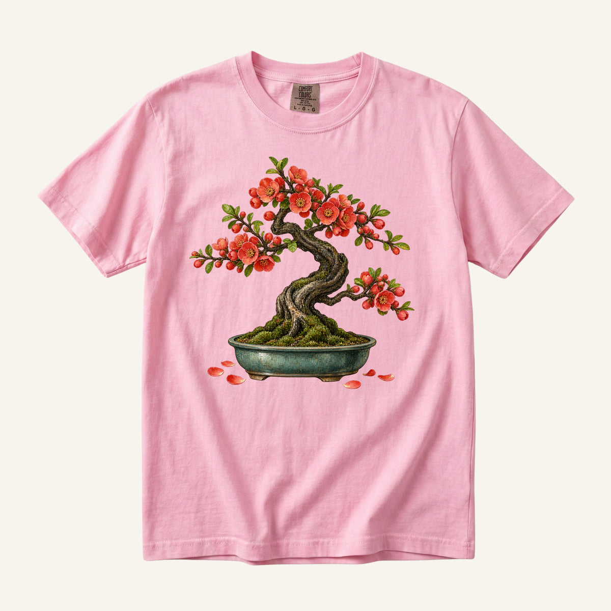 Flowering Bonsai Tree T-Shirt in Blossom — pale pink with the flowering bonsai and fallen petals