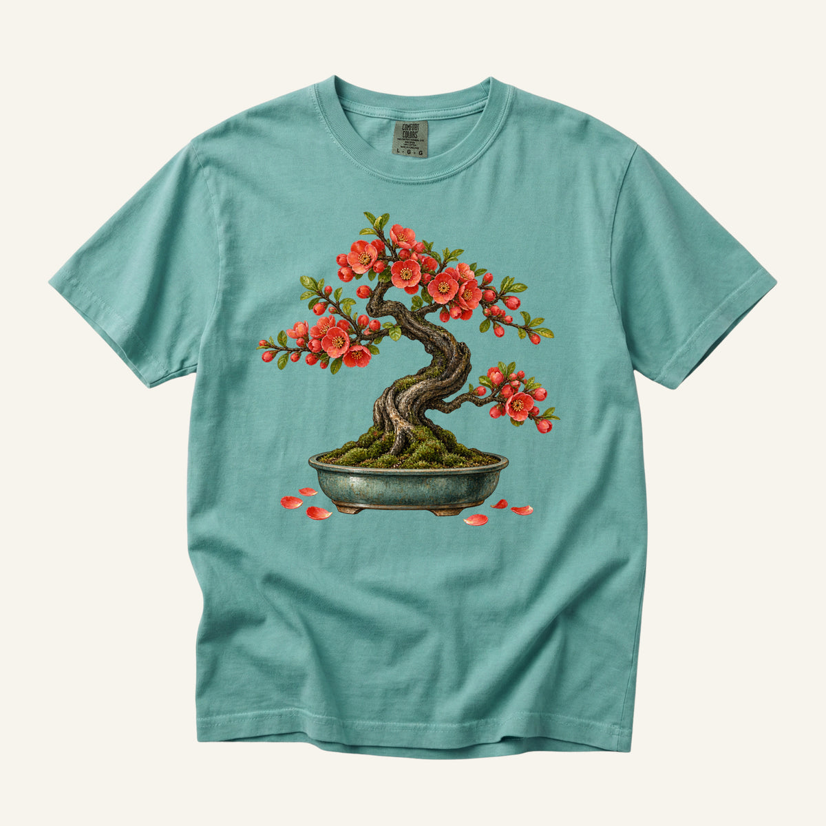 Flowering Bonsai Tree T-Shirt in Chalky Mint — a bonsai lover gift on garment-dyed cotton, sizes S to 4XL