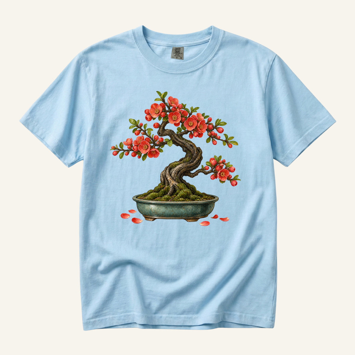 Flowering Bonsai Tree T-Shirt in Chambray — soft blue picking up the teal of the pot