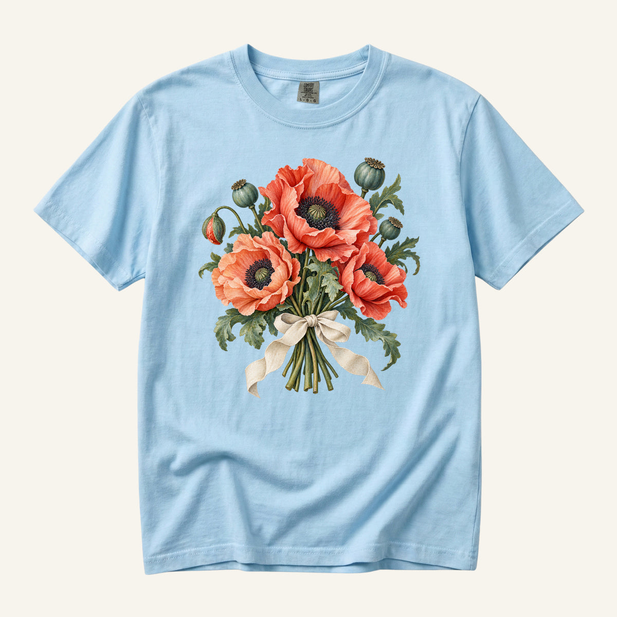For No Occasion T-Shirt in Chambray, coral poppies and a cream ribbon on soft blue