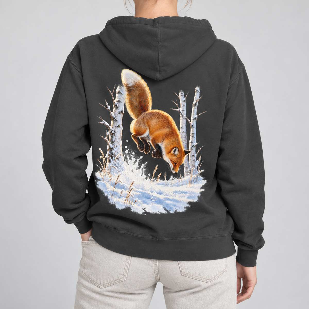 Red Fox Pounce hoodie worn, back view of the red fox in snow print