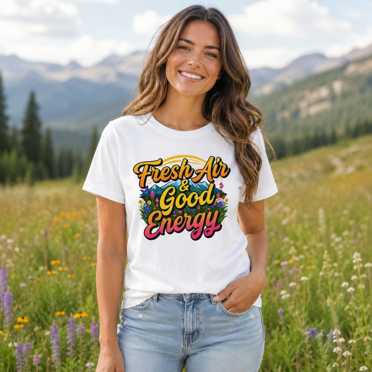 Fresh Air & Good Energy - Retro Mountain Wildflower Tee