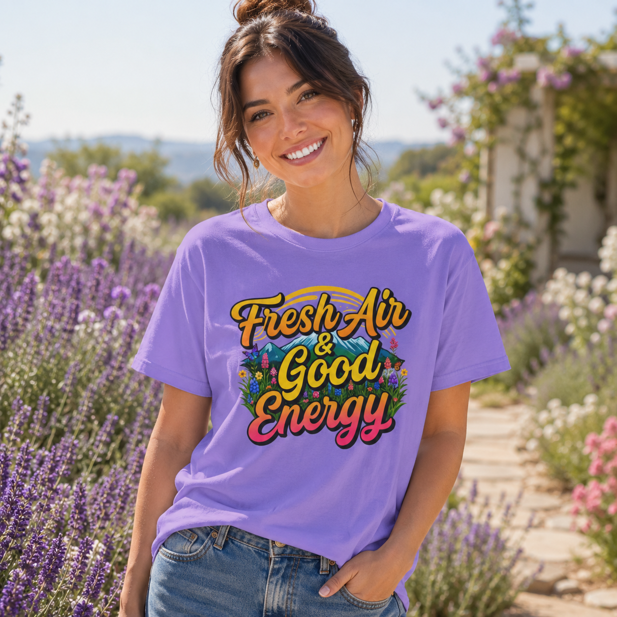Fresh Air & Good Energy - Retro Mountain Wildflower Tee