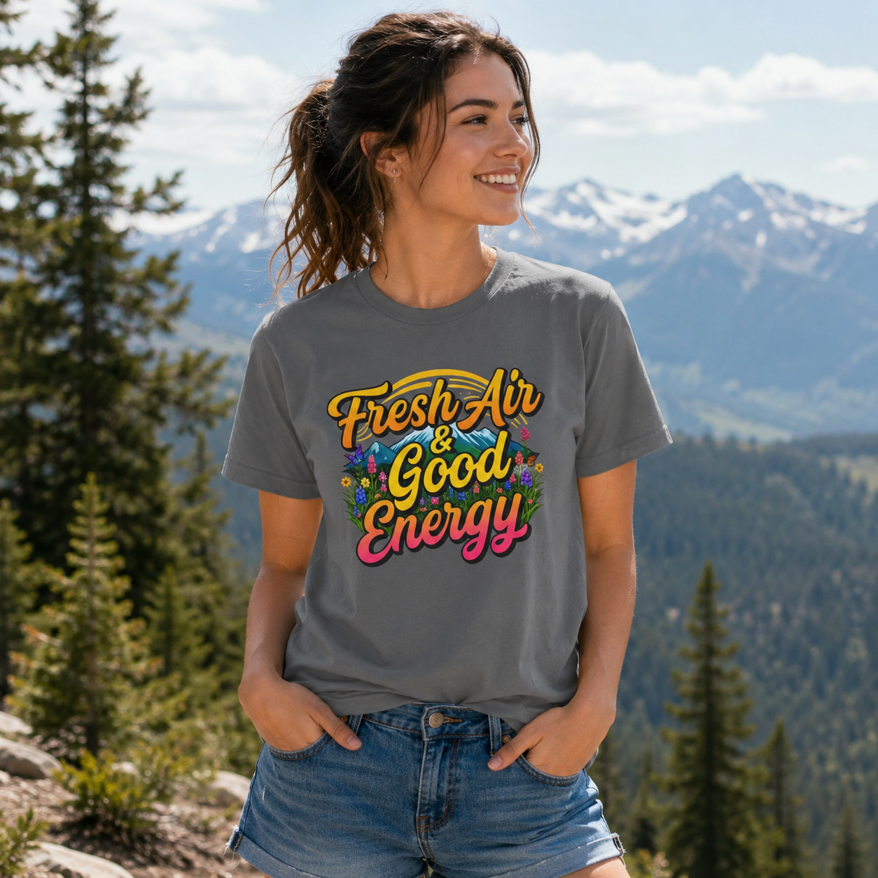 Fresh Air & Good Energy - Retro Mountain Wildflower Tee