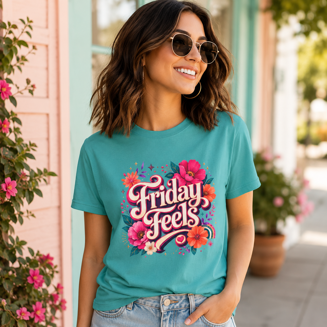 Friday Feels - Retro Floral Vibes Tee