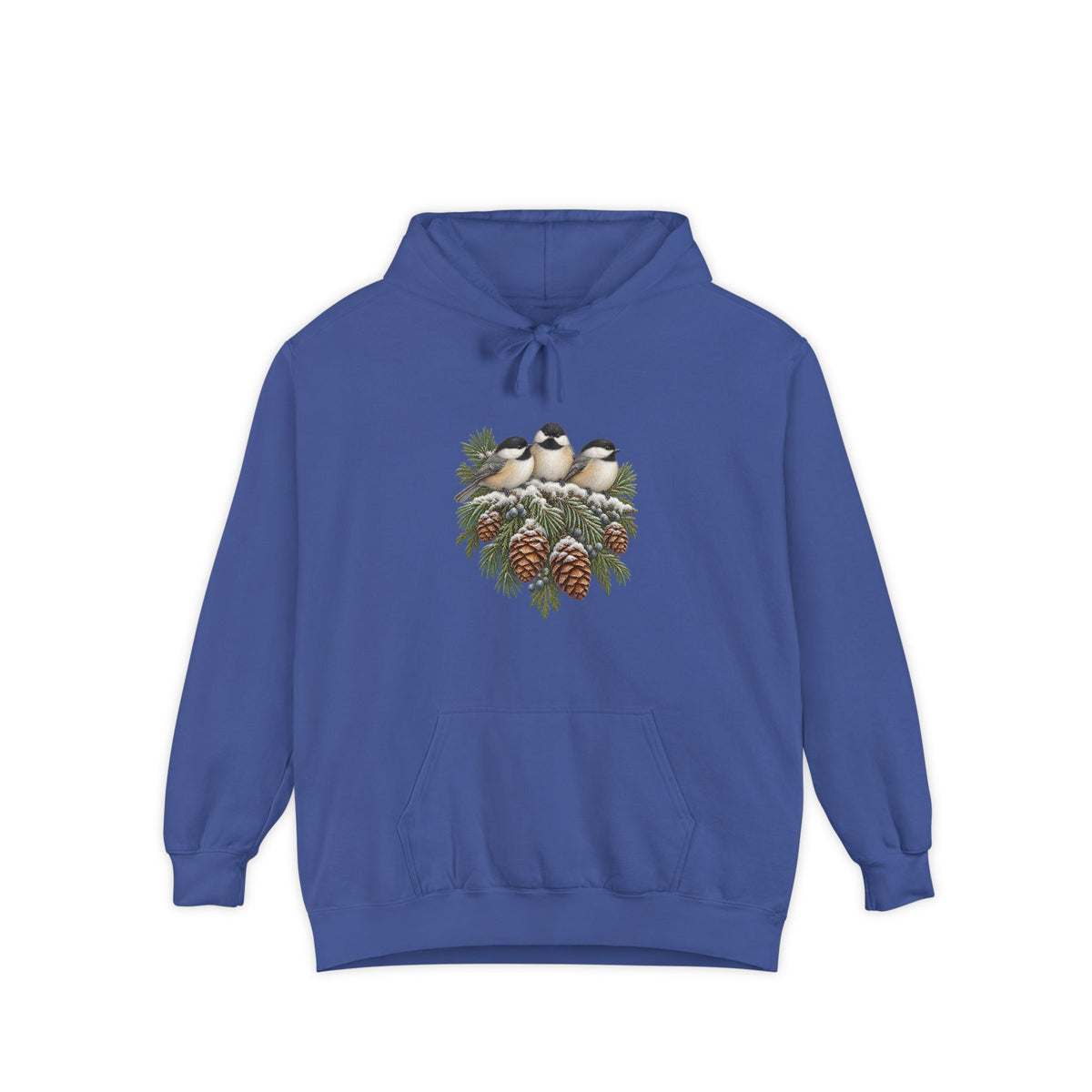 Winter Chickadee hoodie in Flo Blue, front print of three chickadees and pinecones