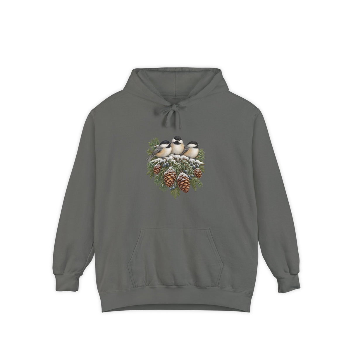 Winter Chickadee hoodie in Grey, front print of three chickadees and pinecones
