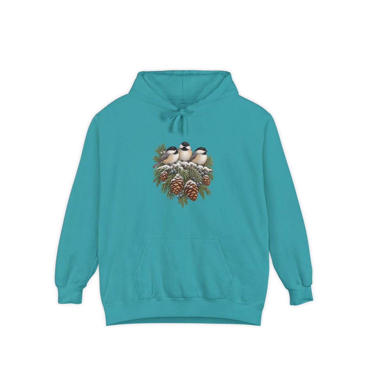 Winter Chickadee hoodie in Seafoam, front print of three chickadees and pinecones