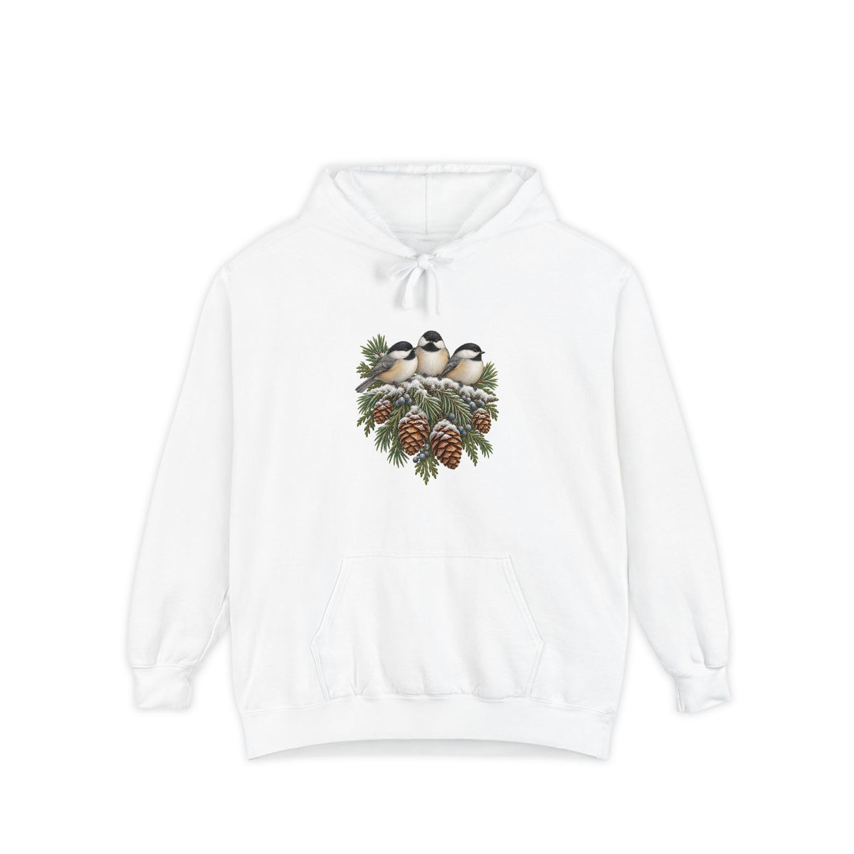 Winter Chickadee hoodie in White, front print of three chickadees and pinecones