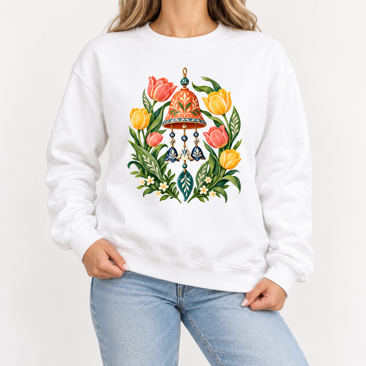 Garden wind chime and tulip sweatshirt shown worn, front view of the printed illustration