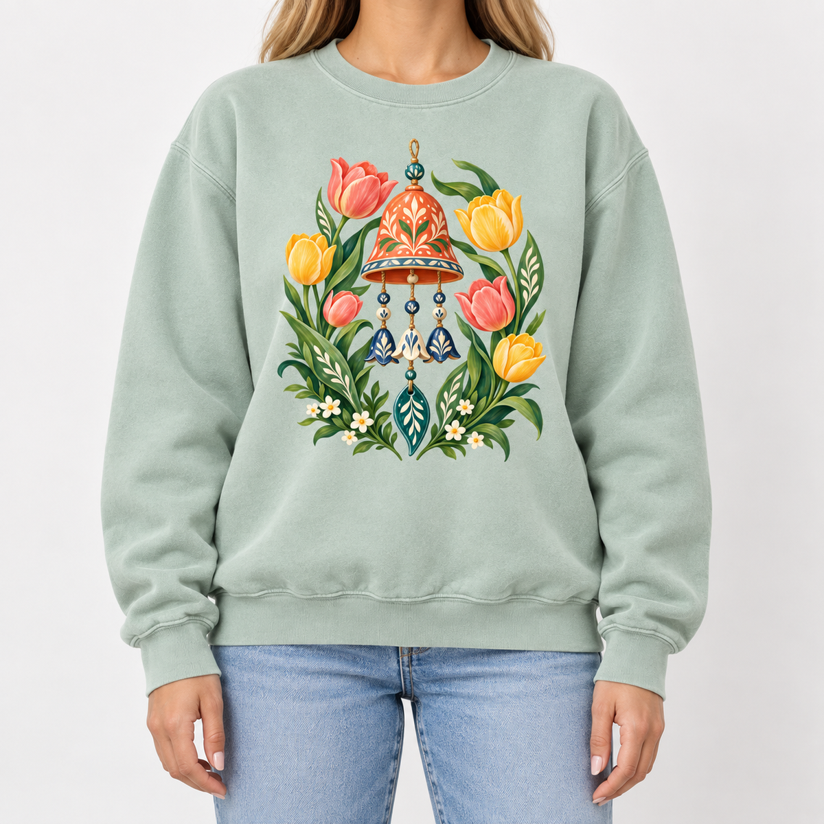 Garden wind chime and tulip sweatshirt shown worn, closer view of the coral bell and golden tulips