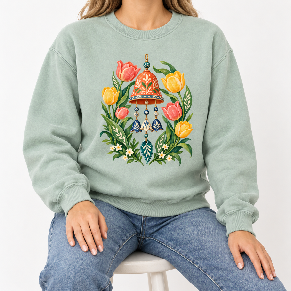 Garden wind chime and tulip sweatshirt shown worn, garment-dyed Comfort Colors fleece