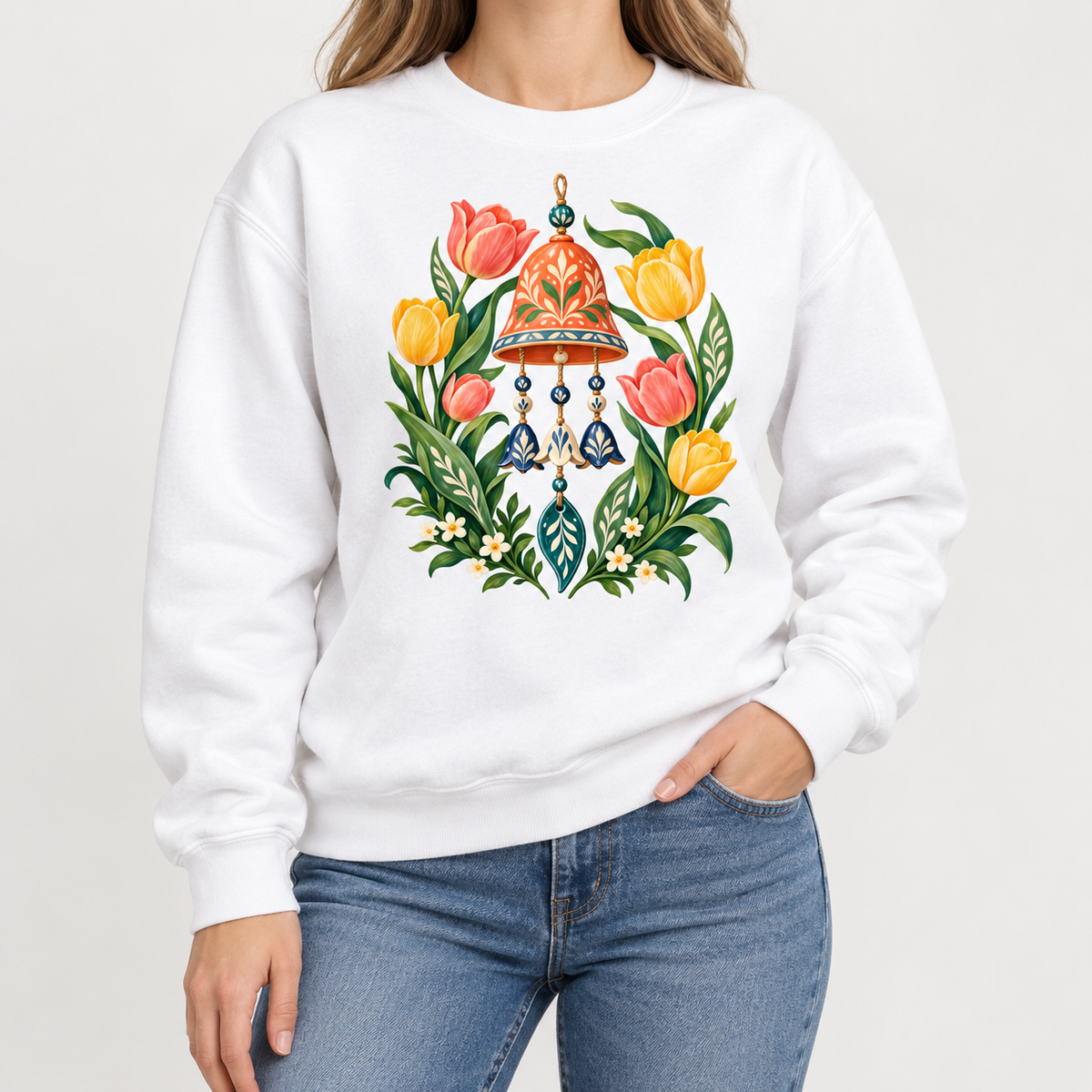 Garden wind chime and tulip sweatshirt shown worn, showing the ribbed collar and cuffs