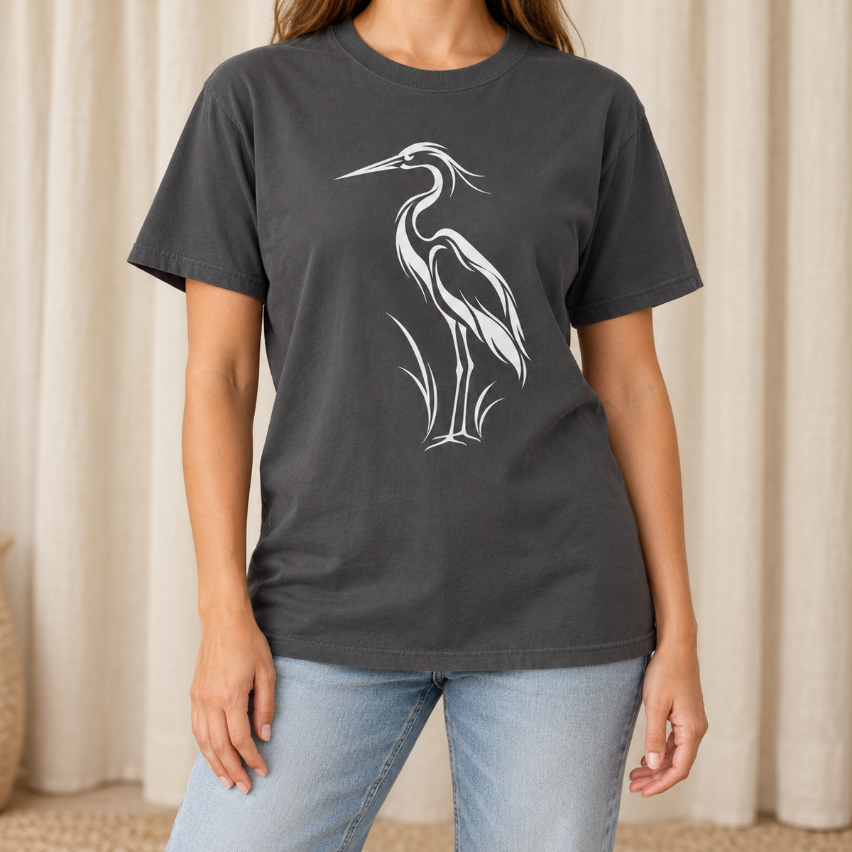Flowing Great Blue Heron T-Shirt in Graphite — white line-art heron on a garment-dyed Comfort Colors tee