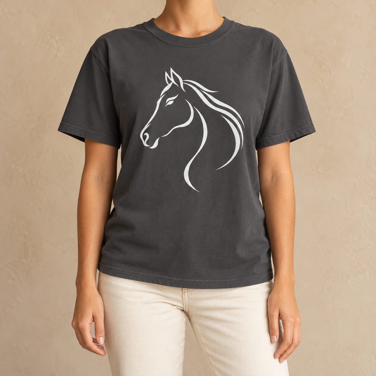 Flowing White Horse Profile T-Shirt in Graphite - white line-art horse head on a charcoal grey Comfort Colors tee