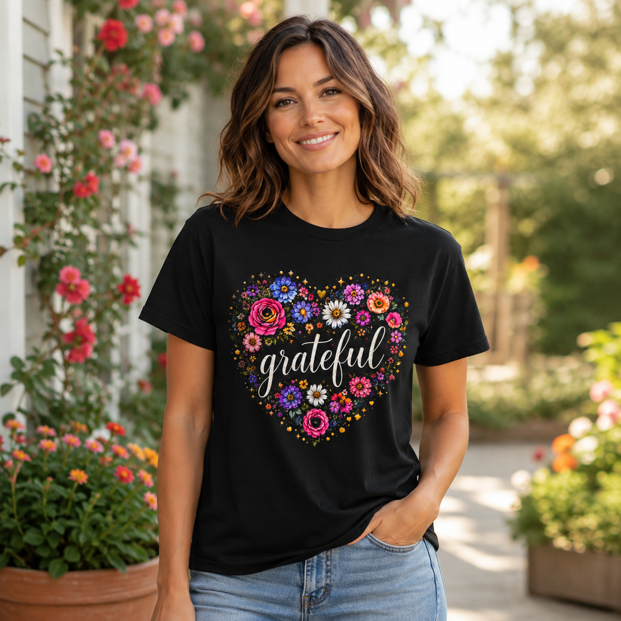 Grateful - Floral Heart Tee