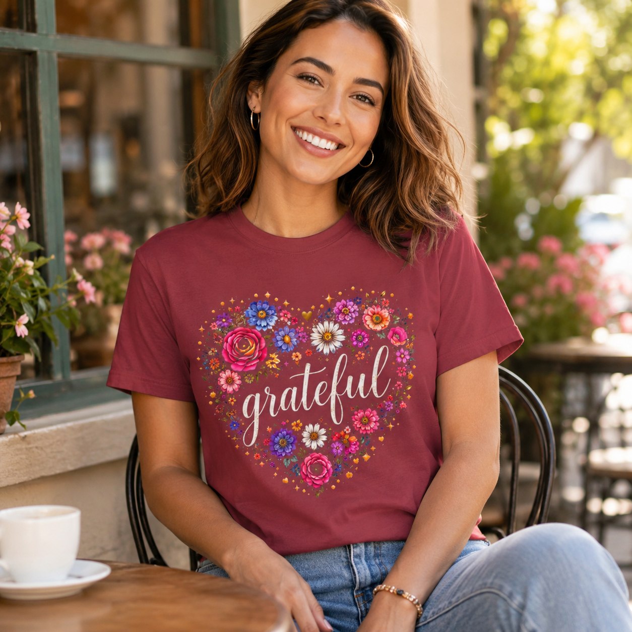 Grateful - Floral Heart Tee