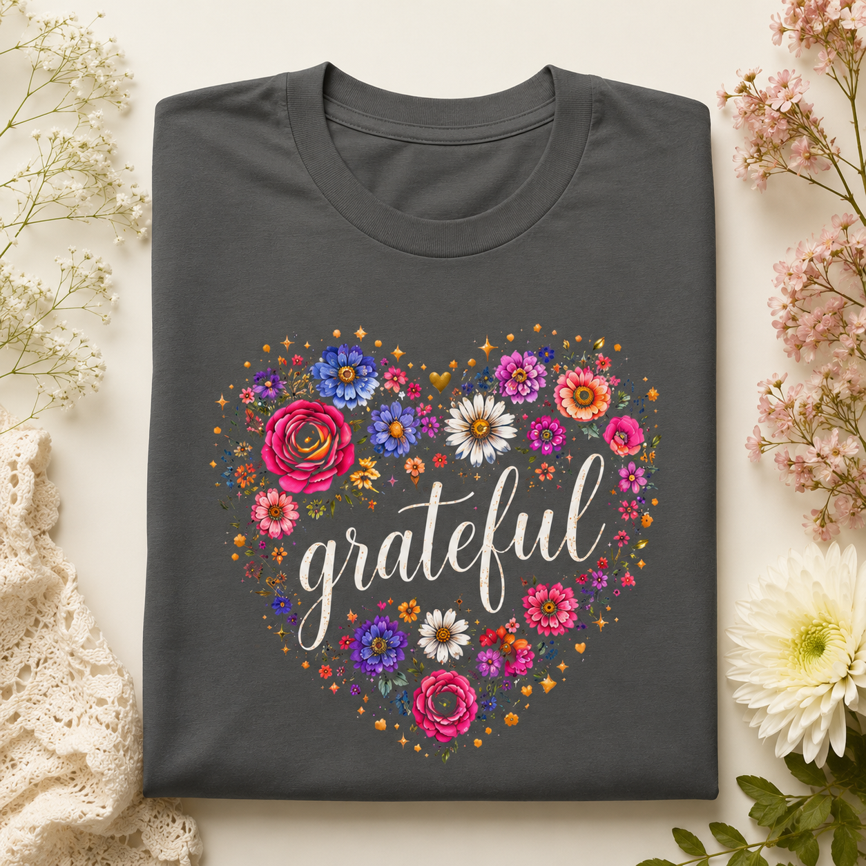 Grateful - Floral Heart Tee