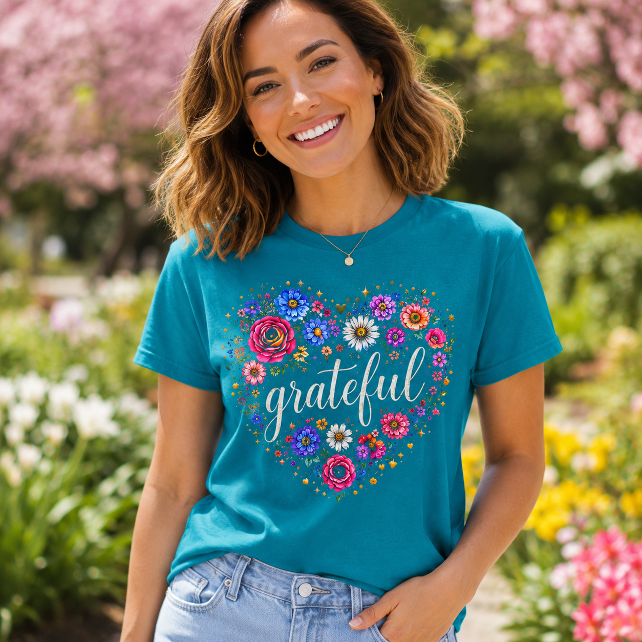 Grateful - Floral Heart Tee