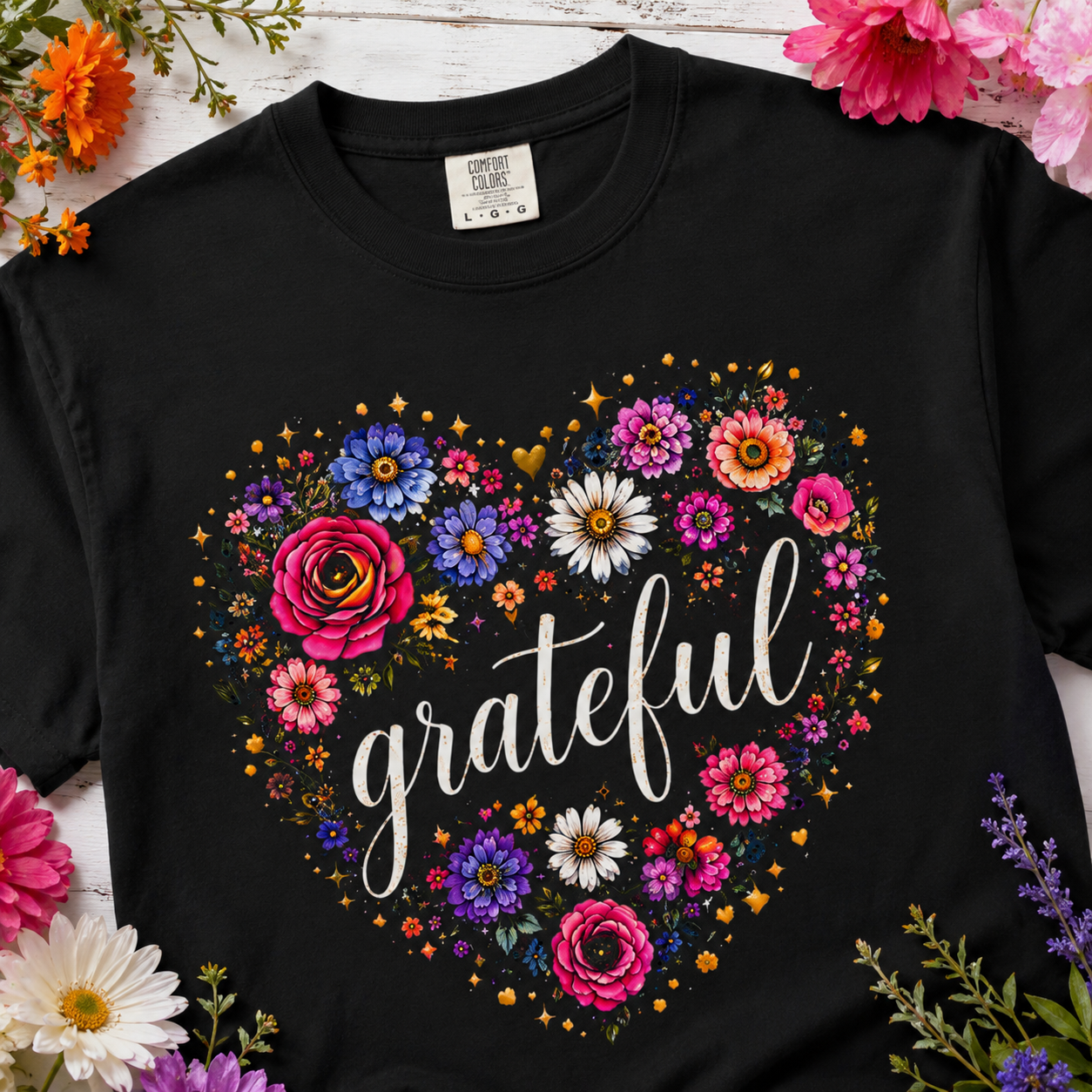 Grateful - Floral Heart Tee