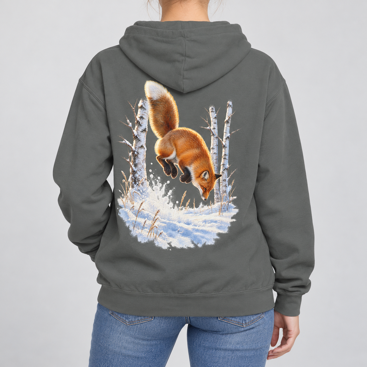 Red Fox Pounce hoodie in Grey, back view of the snowy red fox print