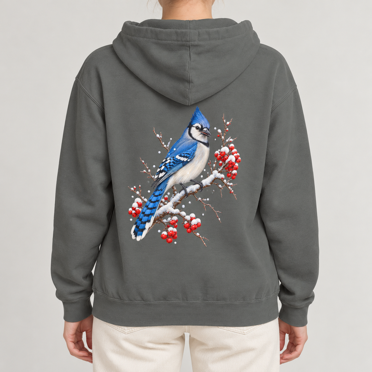 Blue Jay Winterberry hoodie in Grey, worn, back view of the blue jay and winterberry print