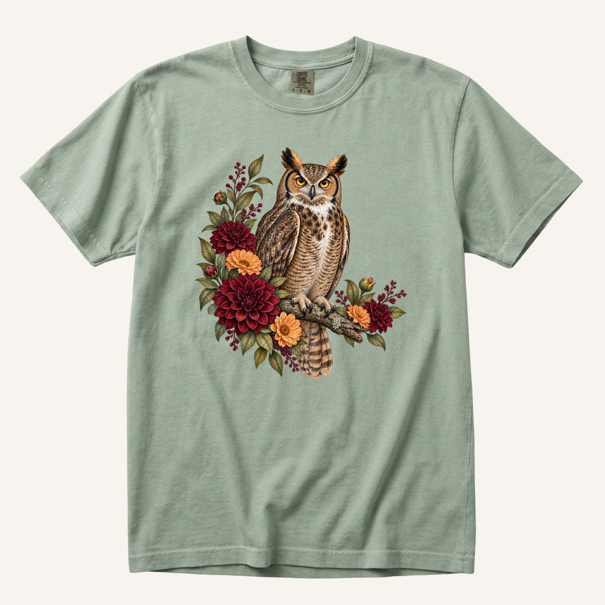 Great Horned Owl & Dahlia T-Shirt in Bay — botanical great horned owl and dahlia watercolor, front print