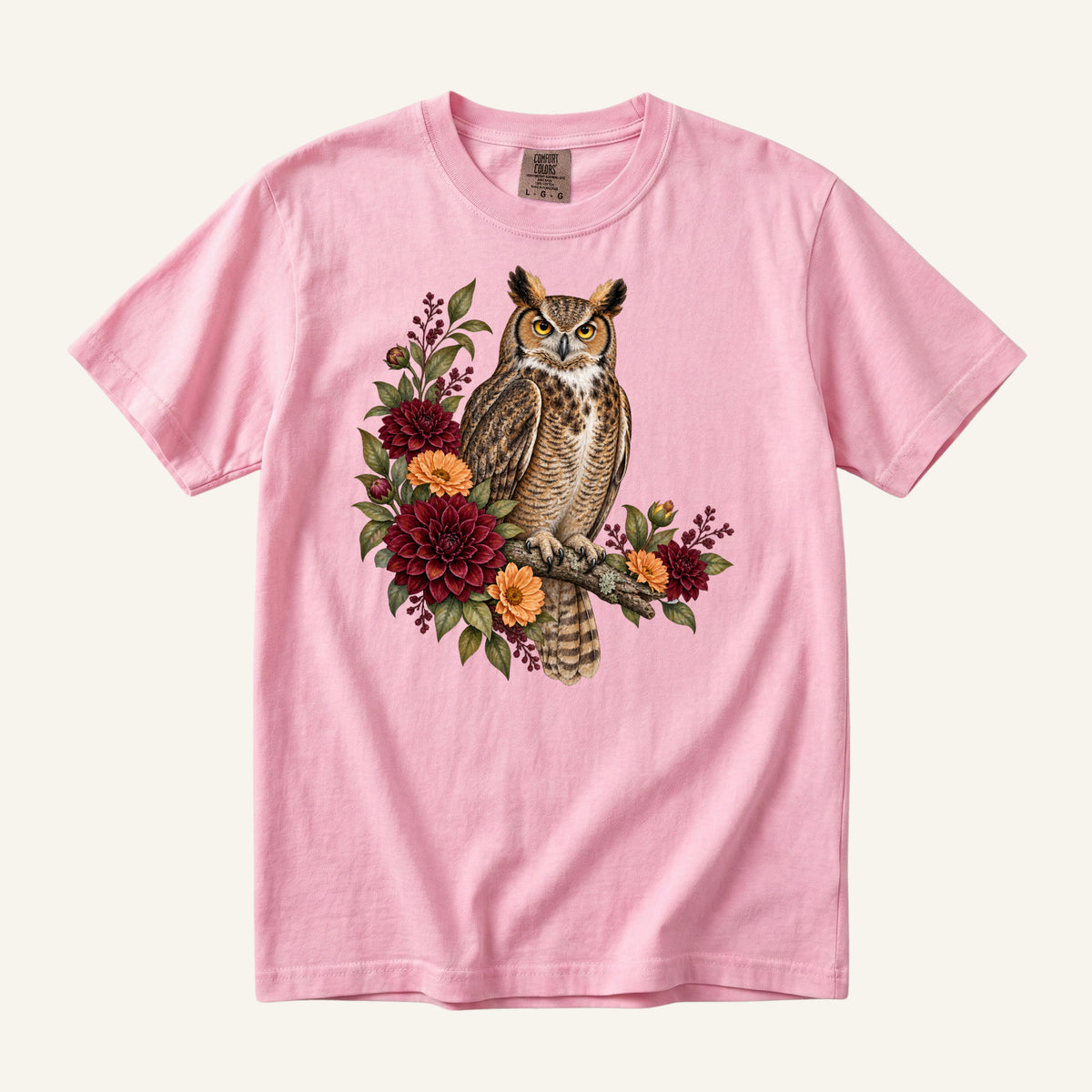 Great Horned Owl & Dahlia T-Shirt in Blossom — owl with feather tufts among layered dahlias