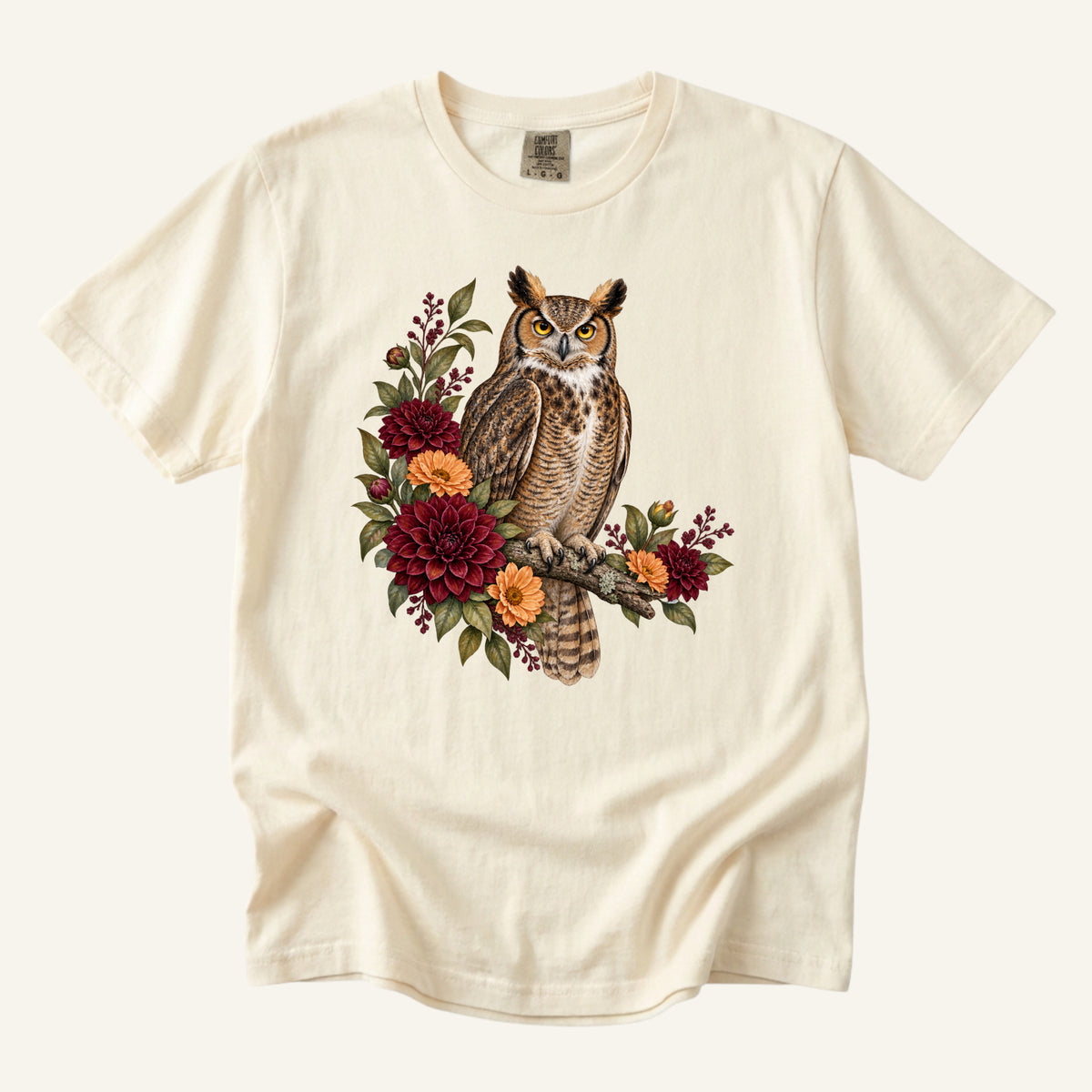 Great Horned Owl & Dahlia T-Shirt in Ivory — owl lover gift tee, sizes S to 4XL