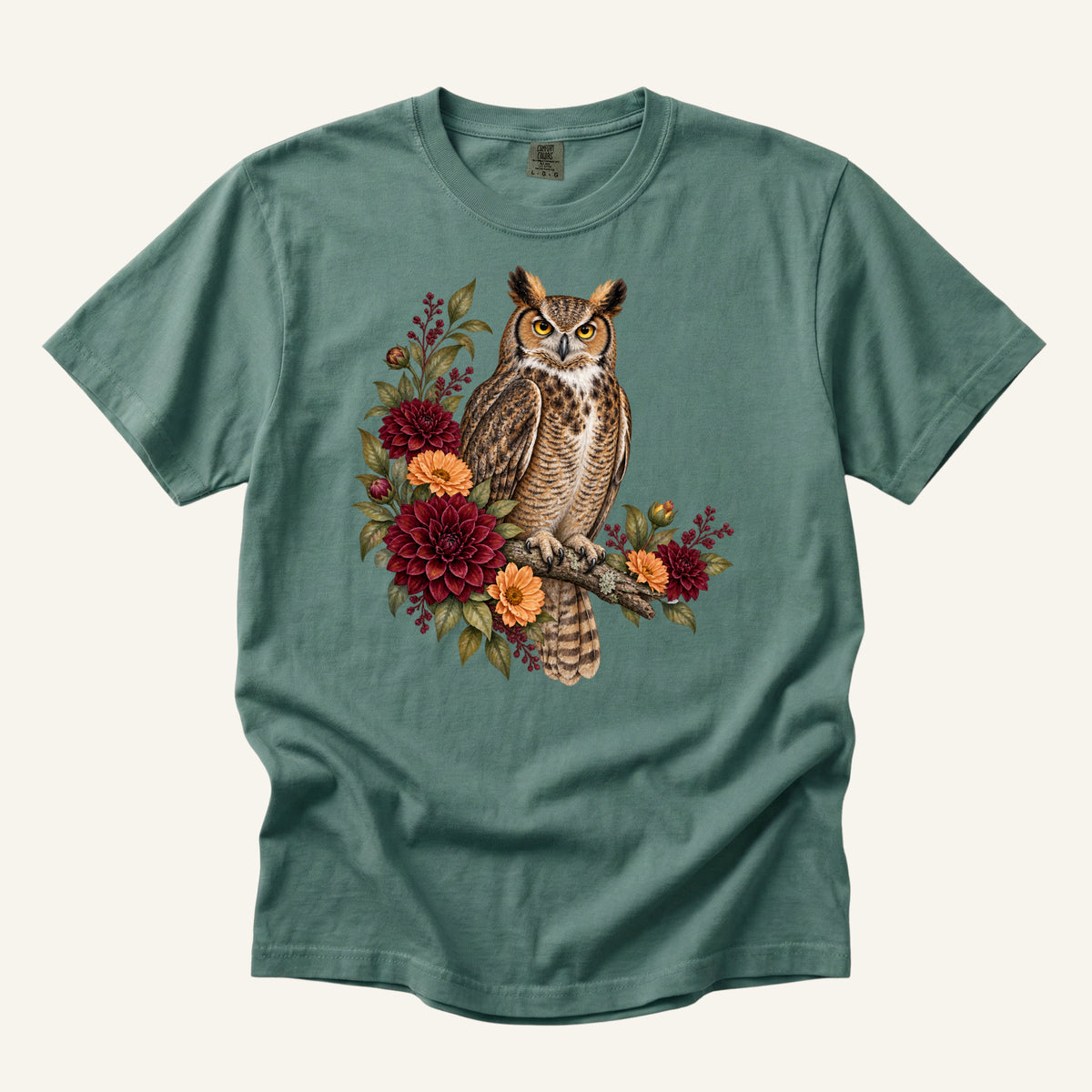 Great Horned Owl & Dahlia T-Shirt in Light Green — great horned owl and dahlia design on heavyweight cotton