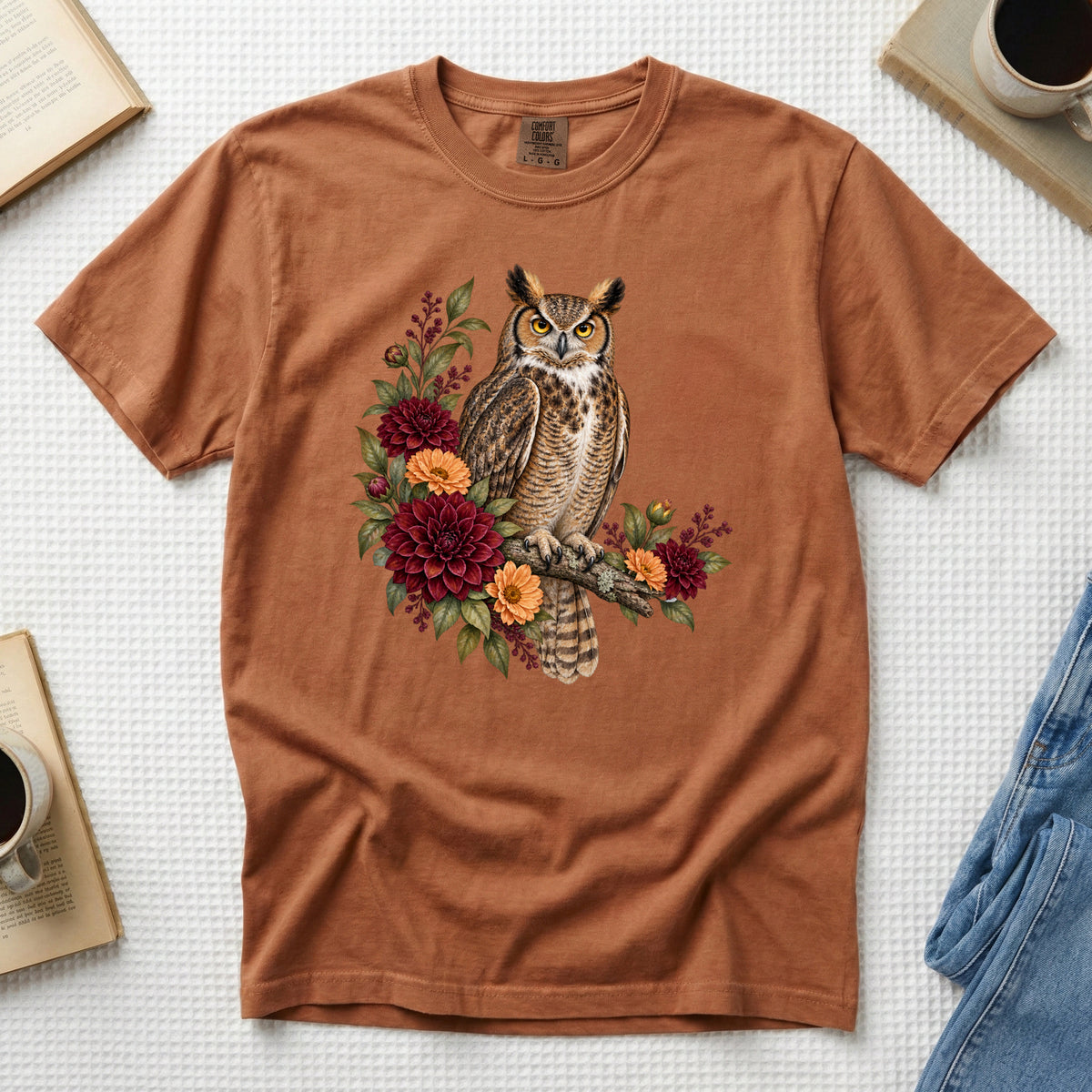 Great Horned Owl & Dahlia T-Shirt in Yam — yellow-eyed owl among dahlias, made to order in the USA