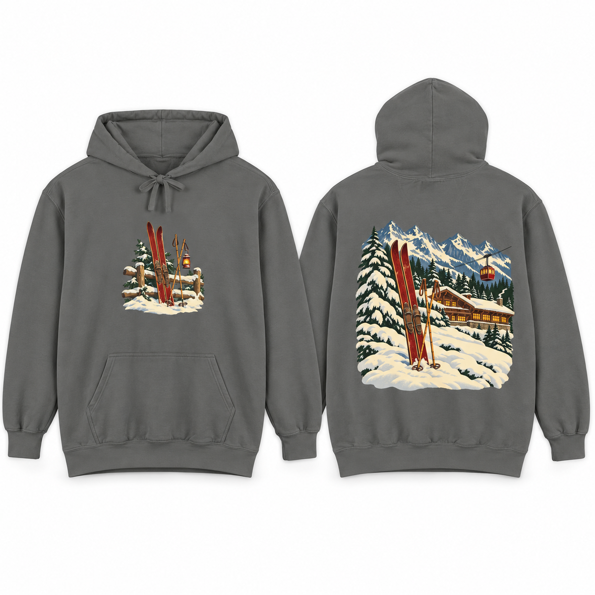 Vintage Ski Lodge hoodie in Grey, front and back prints side by side